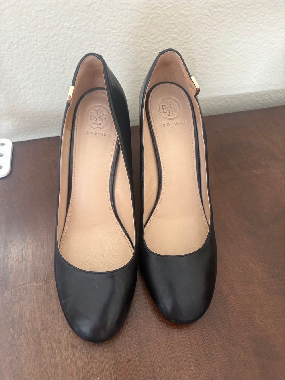 Tory Burch Black Leather Round-Toe Heels with Gold Accent